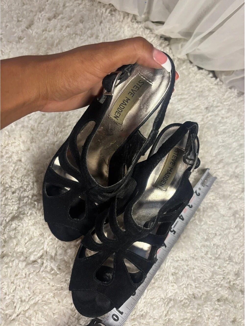 Steve Madden Black Suede Cork Wedge Platform Sandals Peep Toe Slingback